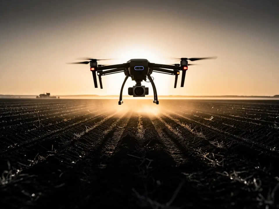 Landwirtschaftliche Drohne über einem Feld bei der Aussaat in der Abenddämmerung