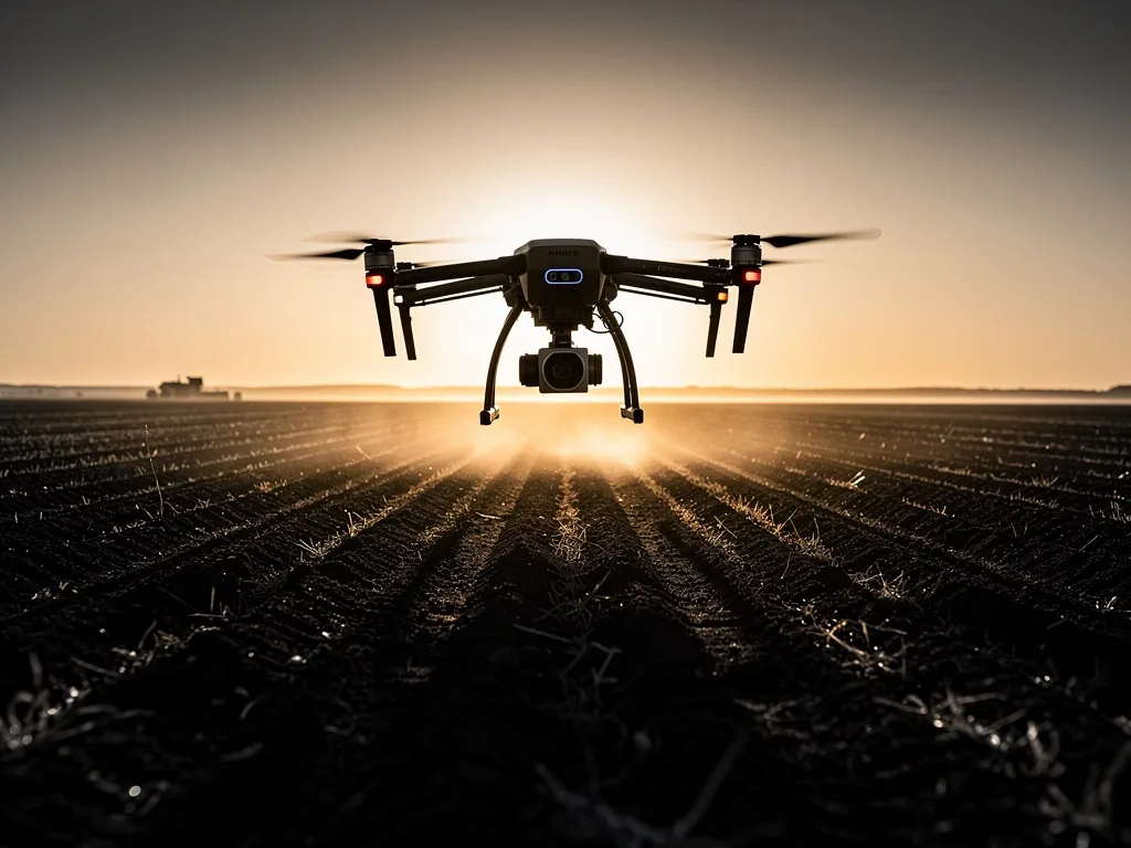 Landwirtschaftliche Drohne über einem Feld bei der Aussaat in der Abenddämmerung