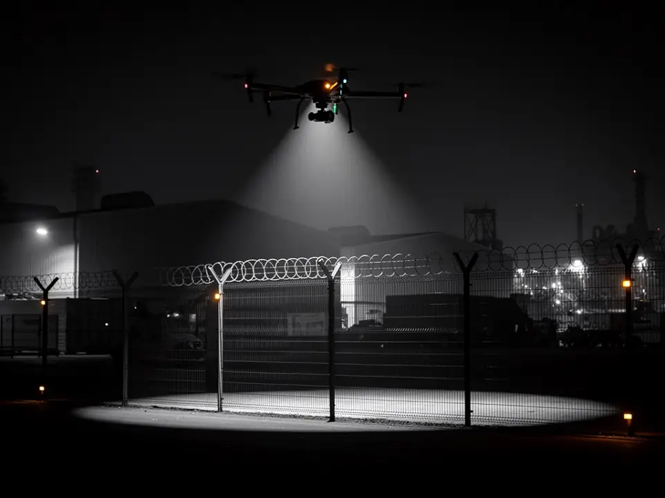 Autonome Drohne im Nachteinsatz zur Perimeterüberwachung eines Industriegeländes