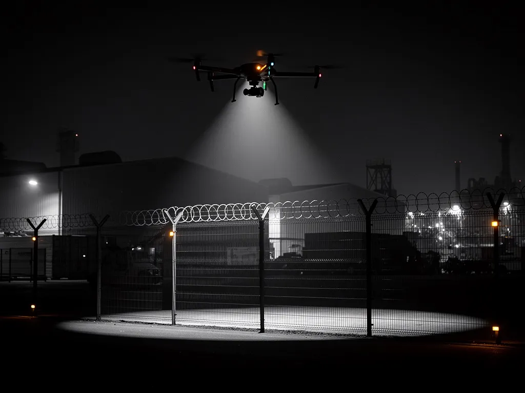 Autonome Drohne im Nachteinsatz zur Perimeterüberwachung eines Industriegeländes